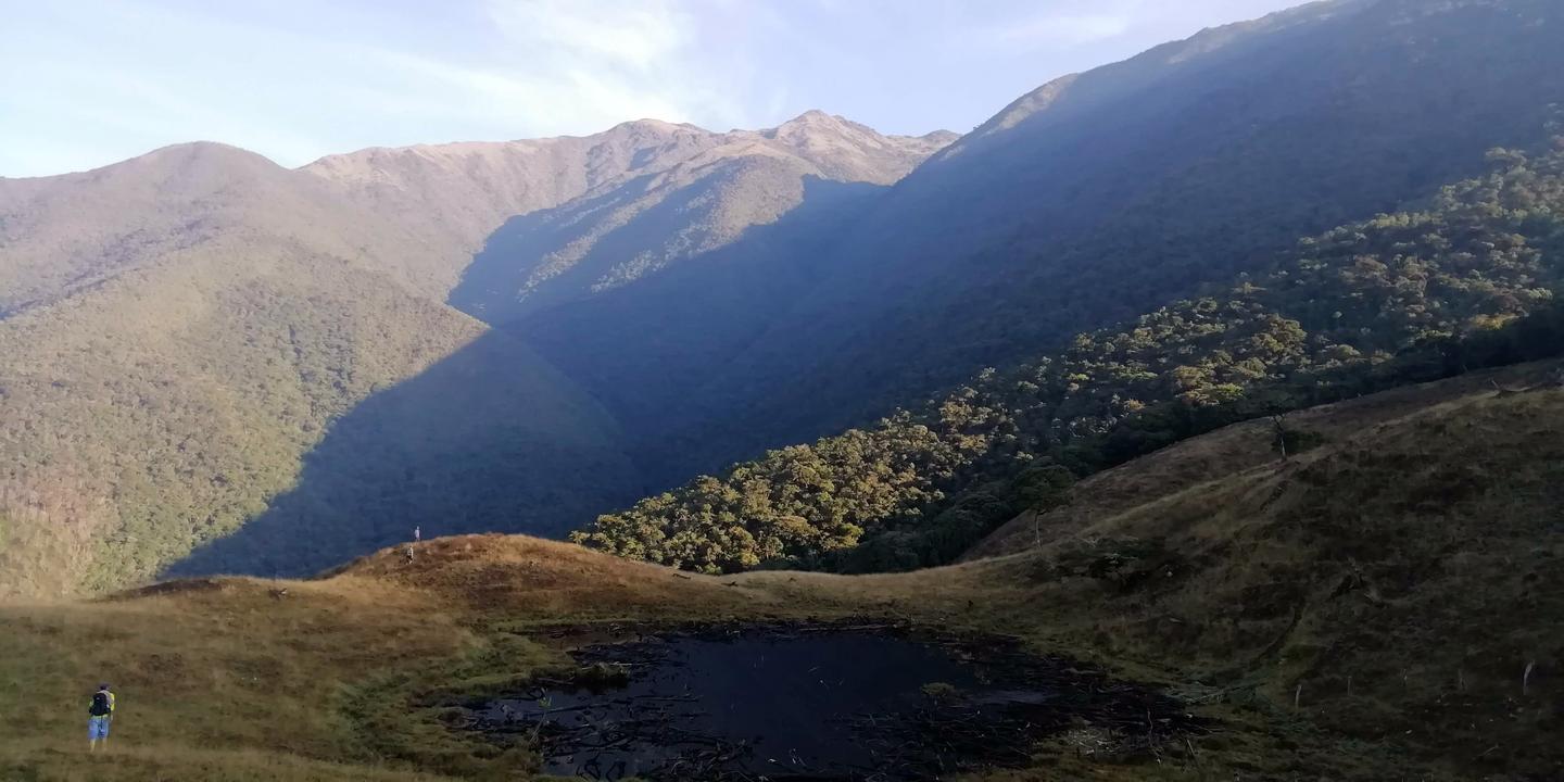 Una laguna pequeña y oscura en una loma de pasto seco, con montañas al fondo.