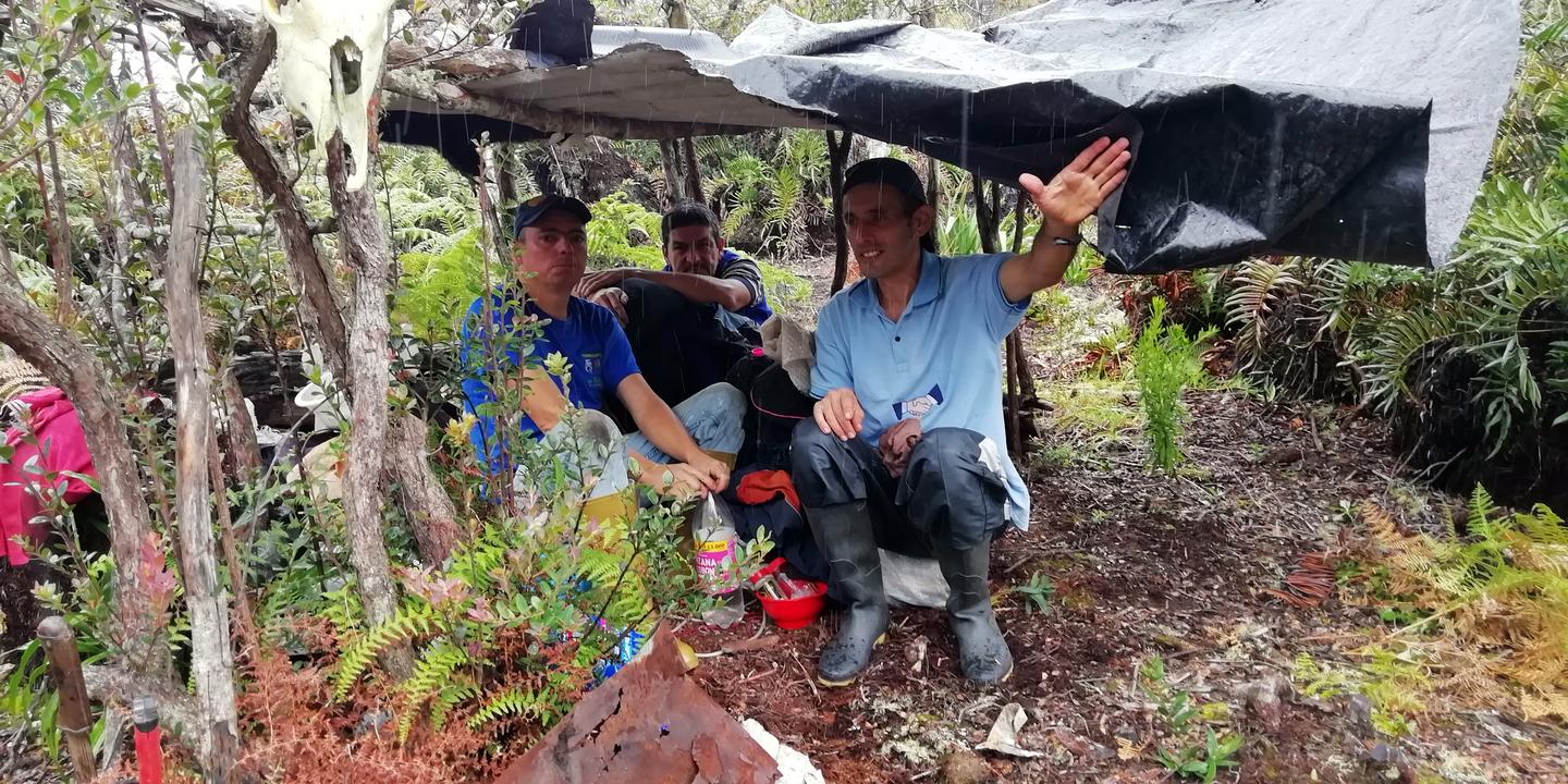 Tres hombres bajo un toldo negro en el campamento.